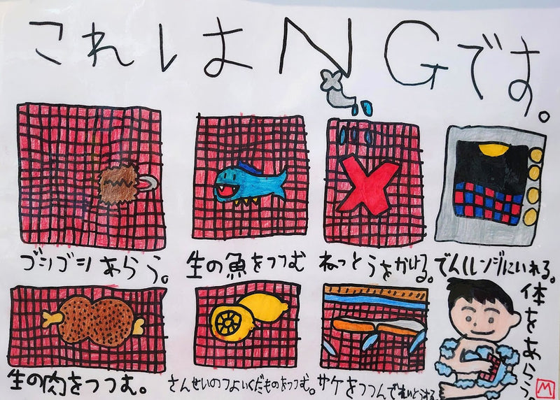みつろうラップの使い方NGのイラストの画像。ゴシゴシ洗う、生の魚や肉を包む、熱湯をかける、酸性の強い果物を包むなど、禁止事項が書かれている