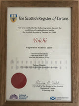 YOICHI Tartan 余市タータン のスコットランドタータン登記所の登録証明書の写真